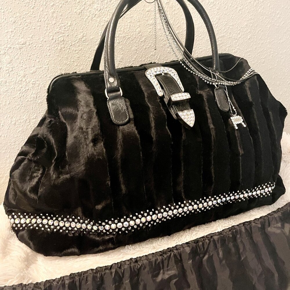RAVIANI Black Faux Fur Rhinestone Weekender, Carpet, Doctor Bag